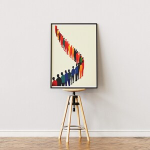 May include: A framed illustration of a line of people in various colors, standing in a curved line. The people are all facing the same direction, and they are all wearing different colors of clothing. The background is a light cream color.