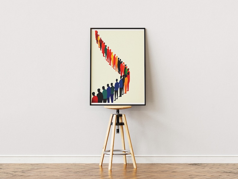 May include: A framed illustration of a line of people in various colors, standing in a curved line. The people are all facing the same direction, and they are all wearing different colors of clothing. The background is a light cream color.