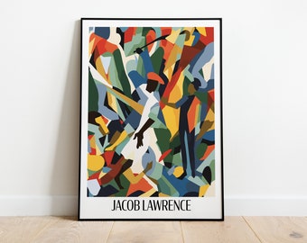 May include: Abstract art print featuring a colorful geometric design with figures in the center. The print is framed in black and has the text "JACOB LAWRENCE" at the bottom.