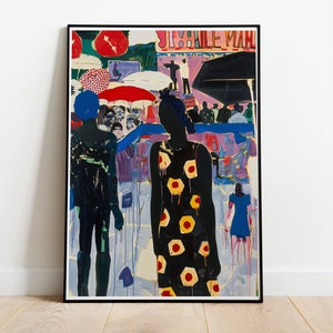 May include: A colourful abstract painting depicting a crowded street scene with people walking under umbrellas. The painting features a woman in a black dress with yellow and red polka dots, standing in the centre of the image. The text "JEVILLE MAN" is visible in the top right corner of the painting.