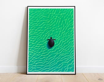 May include: A black sea turtle swimming in a turquoise blue body of water with a rippled surface pattern.
