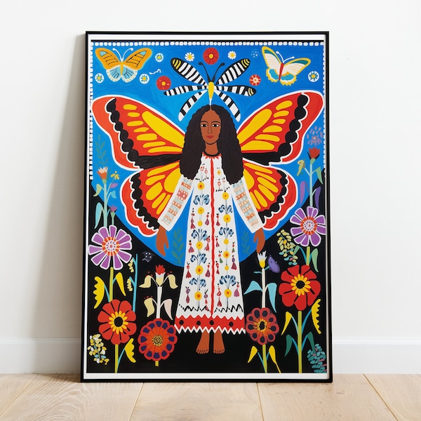 Naive Folk Art Style Painting, African American Art, Flowers Paint, Feminist Art, Peace Art, Calming Art, Butterflies Poster, Gift for Her