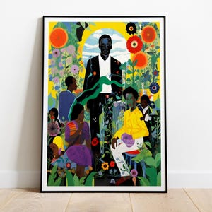 Può includere: Un'illustrazione colorata di una famiglia in un ambiente da giardino. Il padre indossa un abito nero e la madre indossa una camicia gialla. I bambini indossano vari colori. Lo sfondo è un giardino giallo e verde con fiori.