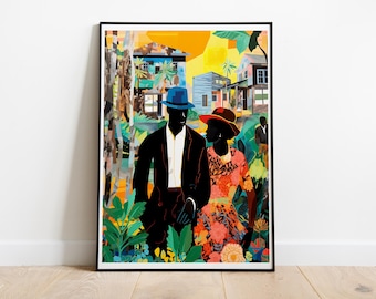 Black Couple Silhouette Art Print, Tropical Romance Decor