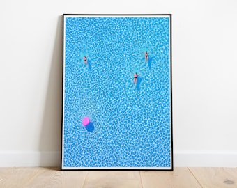 Aerial Pool Art Print, Summer Relaxation, Pink Float (Unframed)