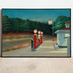 Edward Hopper Reproduktionsplakat, Gasstationsplakat, sozialer Realismus, amerikanischer Realismus, Ausstellungsplakat, Gasplakat 1940
