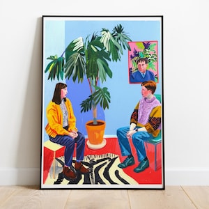 Colorful Risograph, Two People Sitting in an Interview Room Poster, Minimalist Art, Risograph Poster, New Home Gift, Minimalist Illustration
