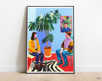 Bunter Risograph Print, zwei Personen Interview, minimalistisches Wohndekor