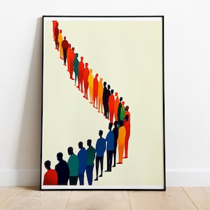 May include: A framed illustration of a line of people in various colors, standing in a curved line. The people are all facing the same direction, and they are all wearing different colors of clothing.