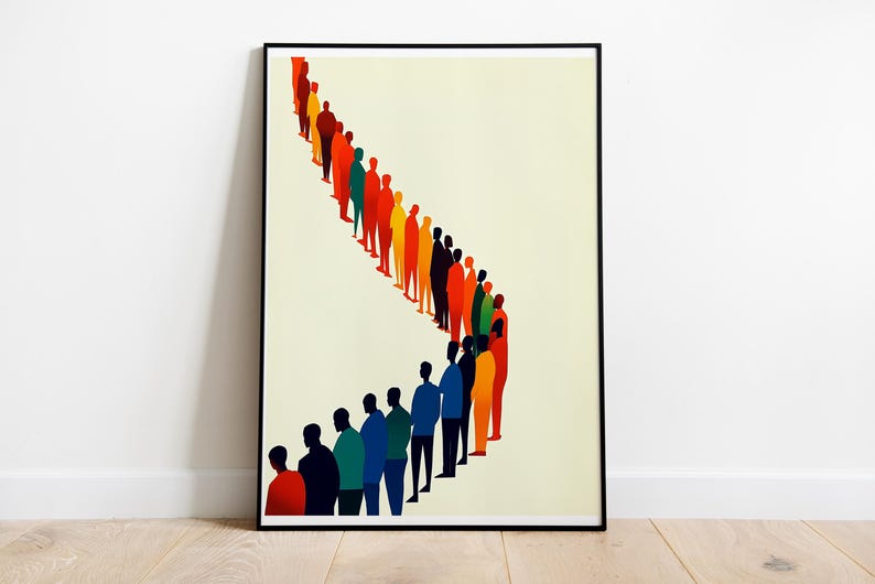 May include: A framed illustration of a line of people in various colors, standing in a curved line. The people are all facing the same direction, and they are all wearing different colors of clothing.