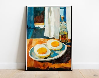 Sunny Side Up Eggs Oil Painting Print, Rustic Kitchen Decor