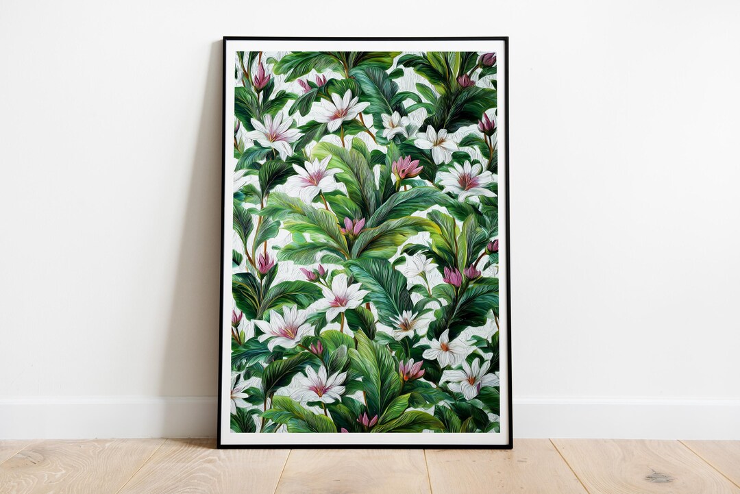 Botanical Floral Wall Art, Tropical Green Leaf and White Flower Poster ...