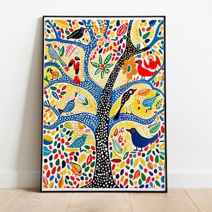 Gond Folk Art,  Colorful Tree with Birds and Flowers Poster, Gond Art, Madhubani Art, Tribal Art, Colorful Poster, Folk Painting, Indian Art