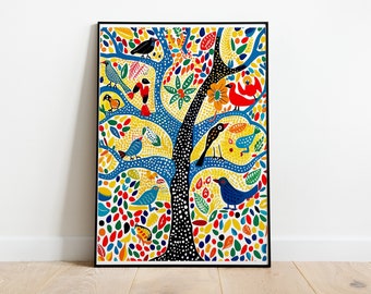 Gond Folk Art,  Colorful Tree with Birds and Flowers Poster, Gond Art, Madhubani Art, Tribal Art, Colorful Poster, Folk Painting, Indian Art