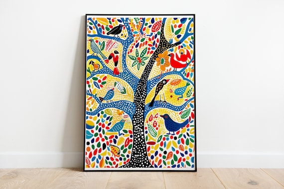 Gond Folk Art,  Colorful Tree with Birds and Flowers Poster, Gond Art, Madhubani Art, Tribal Art, Colorful Poster, Folk Painting, Indian Art