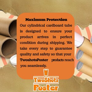 May include: A brown cardboard tube with the text "Maximum Protection" and "TwoshotsPoster" printed on it. The text explains that the tube is designed to ensure products arrive in perfect condition during shipping.