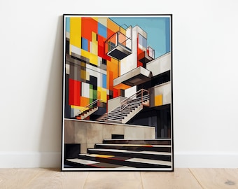 May include: A colorful abstract painting of a building with a geometric design. The building has a series of stairs leading up to a balcony. The painting is done in a style reminiscent of modern art.