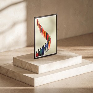 May include: A framed print of a colorful illustration of a line of people in a curved formation. The people are all different colors and shapes, and they are all facing the same direction.