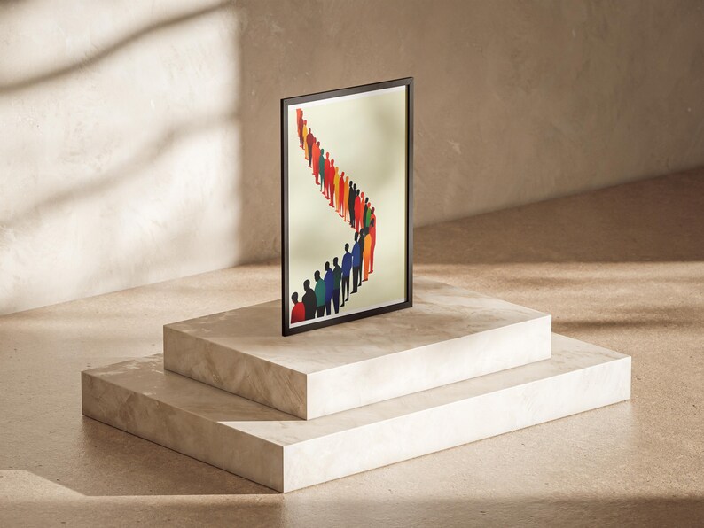 May include: A framed print of a colorful illustration of a line of people in a curved formation. The people are all different colors and shapes, and they are all facing the same direction.