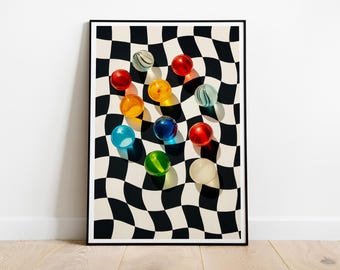 Arte de parede com ilusão de ótica, pôster xadrez abstrato moderno com bolas de vidro coloridas, impressão de decoração contemporânea para casa, decoração aconchegante para casa