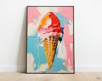 Ice Cream Poster, Food Poster, Ice Cream Art, Oil Painting Poster, Painting, Retro Kitchen Wall Decor, Ice Cream Sign