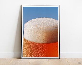 Golden Beer Foam Macro Photography Print, Pub Bar Decor