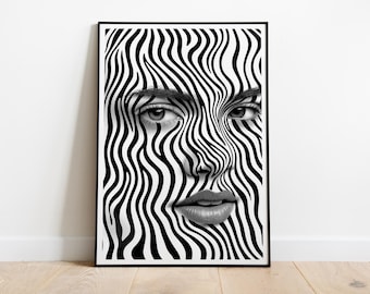 Optical Illusion Woman Portrait: Trippy Black and White Abstract Art
