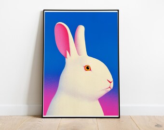Neon White Rabbit Art Print, Gradient Bunny Poster