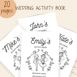 Peut inclure: Un ensemble de trois livres d'activités de mariage en noir et blanc avec les noms "John's", "Emily's" et "Kate's" sur les couvertures. Chaque livre présente un couple de dessins animés dans une couronne de fleurs avec le texte "Activity Book".