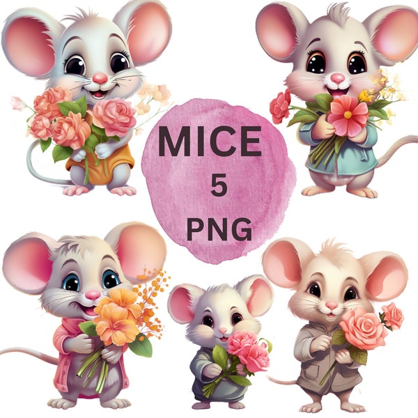 Niedliche Mäuse mit Blumen Clipart,high Qualität PNG,Digitaler Download,kommerzielle Nutzung,Kartengestaltung,Tassen,Mixed Media,Digital Art