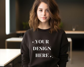 Gildan 18000 model | Gildan zwart sweatshirt mockup | Sweatshirtmodel Mockup | G180-model | Schwarze Gildan-modellen met ronde hals | Stoppen