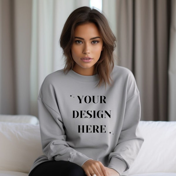 Gildan Sport Grau 18000 Mockup | Grauer Gildan Pullover Mockup | Sweatshirt Modell Mockup | Sport Grau Gildan Crewneck Mockup | G180 Mockup