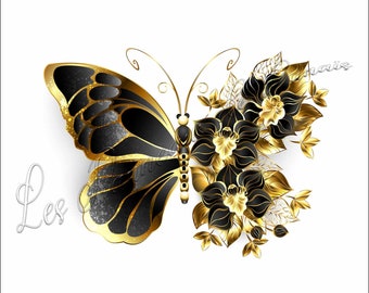 288 papillon doré et noir PRE COMMANDE "panneau, coupon Simili Cuir, Coton, Toile Imperméable, French Terry pour vos créations de couture"