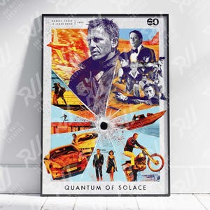 May include: A framed movie poster for "Quantum of Solace" featuring Daniel Craig as James Bond. The poster has a collage design with action scenes, a car, and a motorcycle. The poster is in a black frame.