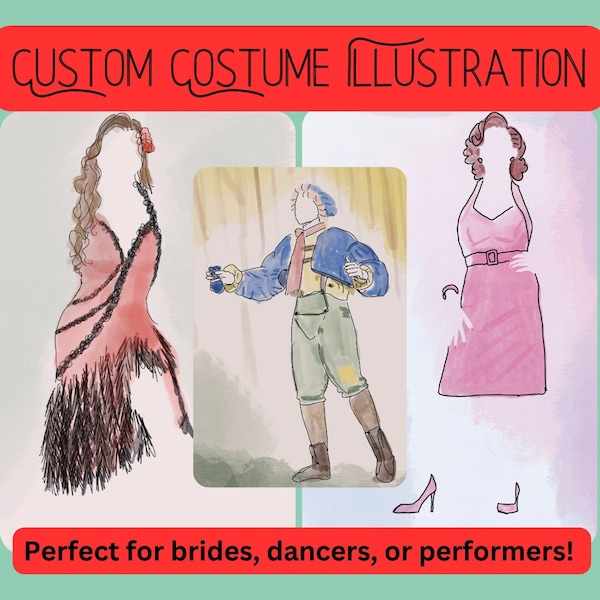 Custom Actor Costume Illustration Rendering Digital Art Gift for Opening Night Available for Brides or Anniversary Gift