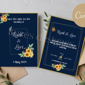 Dark blue and sunflower wedding invitation, Digital template wedding invitation, Sunflower theme , Editable and Printable wedding invitation