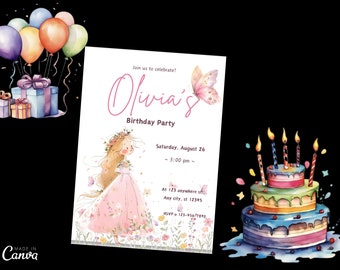 May include: A birthday party invitation with a watercolor illustration of a girl with a flower crown and a butterfly. The invitation says "Join us to celebrate! Olivia's Birthday Party" and includes the date, time, and location of the party.