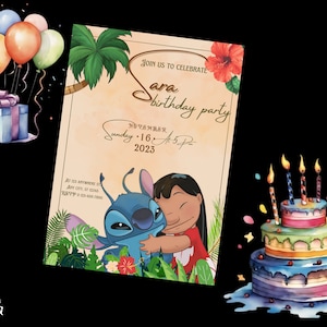 Stitch and Lilo Birthday Invitation Template, Editable Stitch Lilo Canva, Birthday Invitation, Stitch Lilo Birthday Invitation, Kids Party