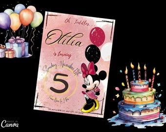 Op de afbeelding: Een roze en witte verjaardagsuitnodiging met een cartoonafbeelding van Minnie Mouse. De uitnodiging luidt: "Oh, Toddles... Lilia wordt 5. Zondag 18 november. Van 12:00 tot 13:00 uur. 23 Anywhere St, Any City, ST 2395."