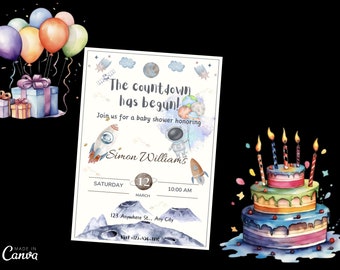 Astronaut Baby Shower Invitation, Outer Space Theme (Editable, Printable)