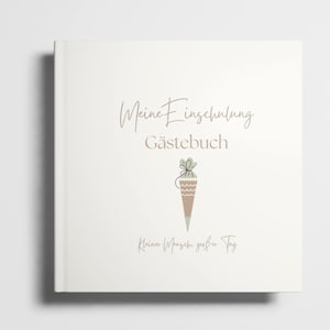 Könnte beinhalten: Ein weißes Gästebuch mit dem Text "Meine Einschulung Gästebuch" in einer Schreibschrift. Eine Grafik einer Schultüte befindet sich unter dem Text. Der Satz "Kleiner Mensch großer Tag" steht unten. Das Buch hat ein mattes Finish.