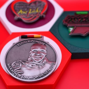 MedalWall medal holder in individual color combination for space-saving wall mounting and presentation of the medal