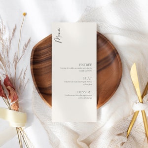 Carte de menu de mariage imprimable et personnalisable avec CANVA, menu repas moderne et minimaliste