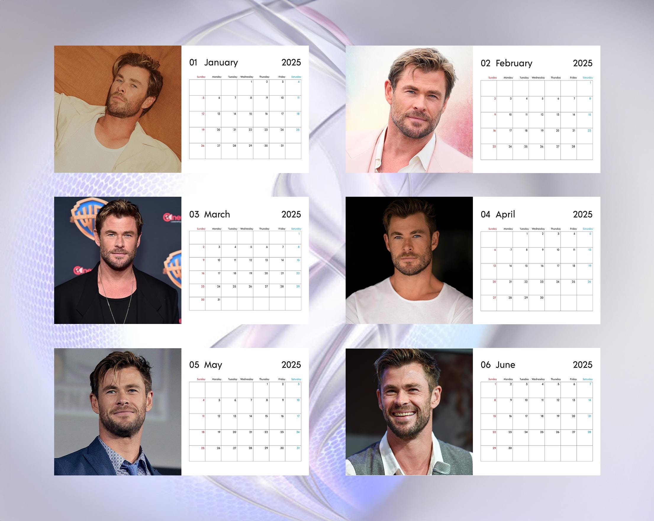 Chris Hemsworth Calendar 2025, Personalized Calendar, Idol Calendar