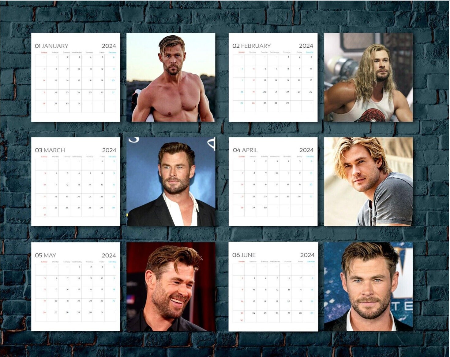 Chris Hemsworth Calendar 2024, Chris Hemsworth 2024, Celebrity Wall