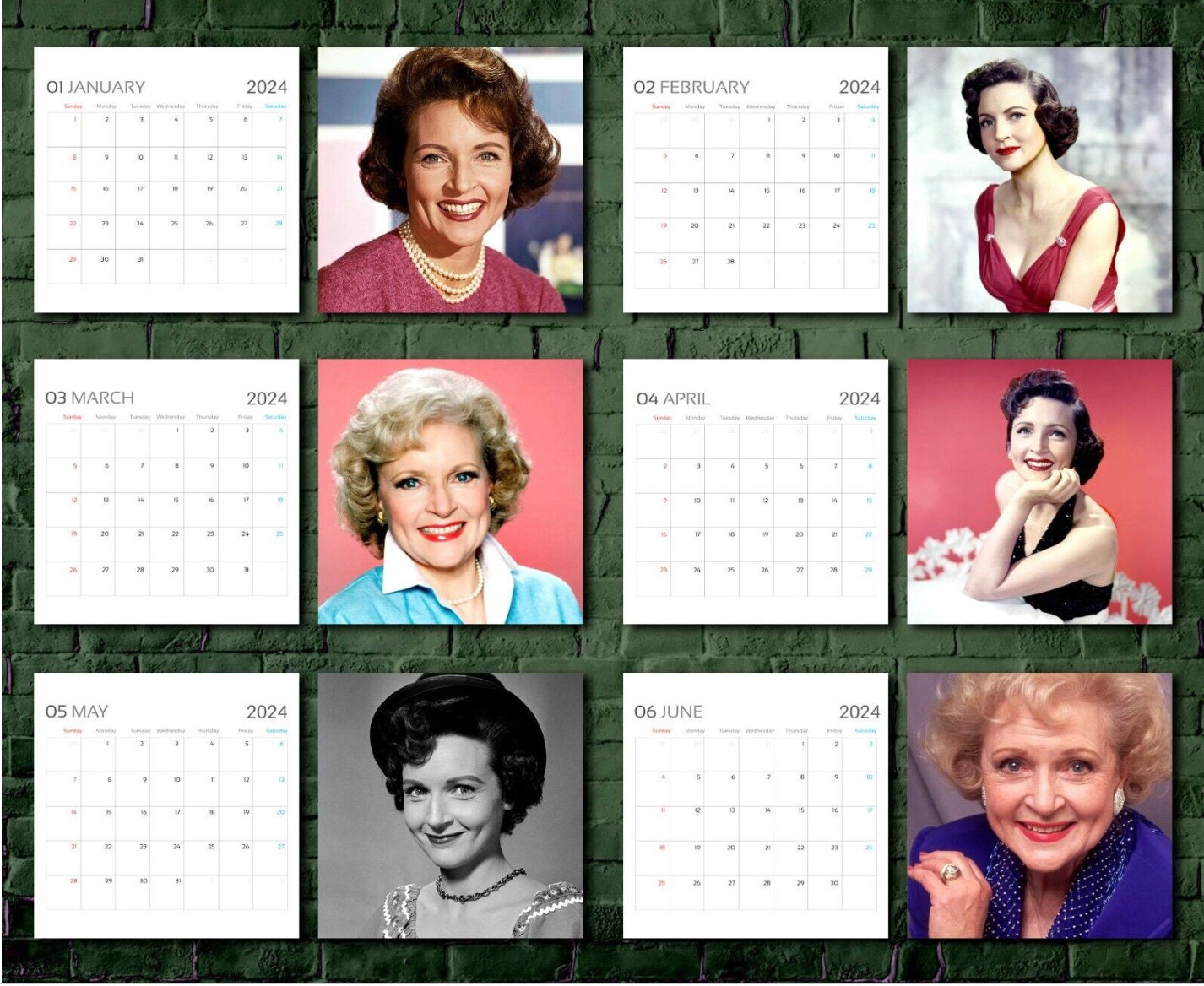 Betty White Calendar 2024 Celebrity Calendar Betty White Etsy