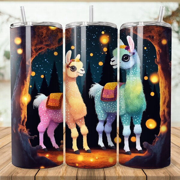 Cute Llama & Fireflies in Magic Forest, 20 oz Skinny Tumbler Sublimation Design, Rustic Farm Cottage Gift Idea, Instant Digital Download PNG