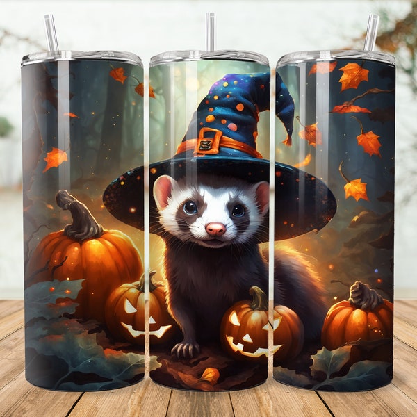 Halloween Tumbler Wrap Sublimation, Baby Ferret Witch Hat Fall Pumpkins Forest, 20 oz Skinny Tumbler Sublimation Design PNG Instant Download