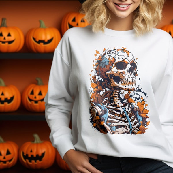 A skeleton t-shirt design illustration kawaii celebrating Halloween high detail - Design PNG USE in pillows, phone cases, bags, stickers