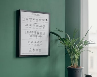 Guía de lavandería | Lavandería | Símbolos de lavado | Alemán | Letrero de lavandería | Decoración | Cuidado de la ropa | Letreros de lavado